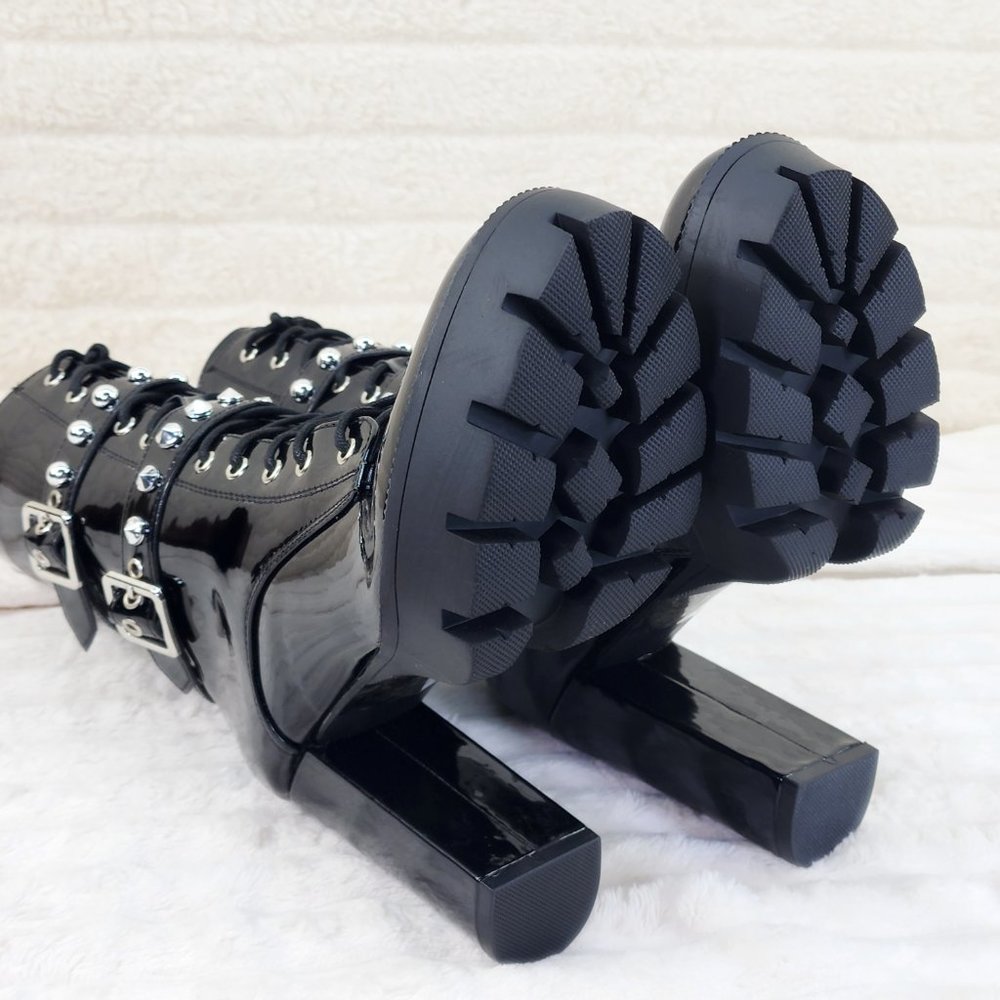 Shiney Black Patent Lug Sole Studded Strap Ankle Boots Temptress - Picture 9 of 12